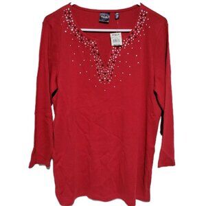 Rafaella Studio Sweater Medium NWT Womens Red Sequins Holiday 3/4 Sleeve